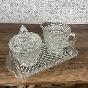 Wexford Glass Anchor Hocking Cream and Sugar Bowl with Lid and Glass Tray